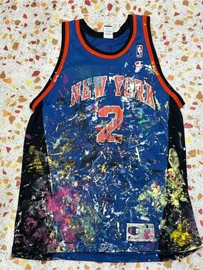 Vintage Champion New York Knicks Larry Johnson Paint-Splatter